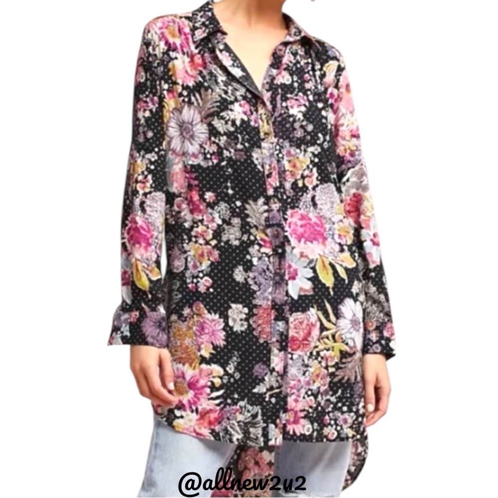 Maeve Anthropologie Black Floral Button Front High Low Tunic Shirt Top Duster